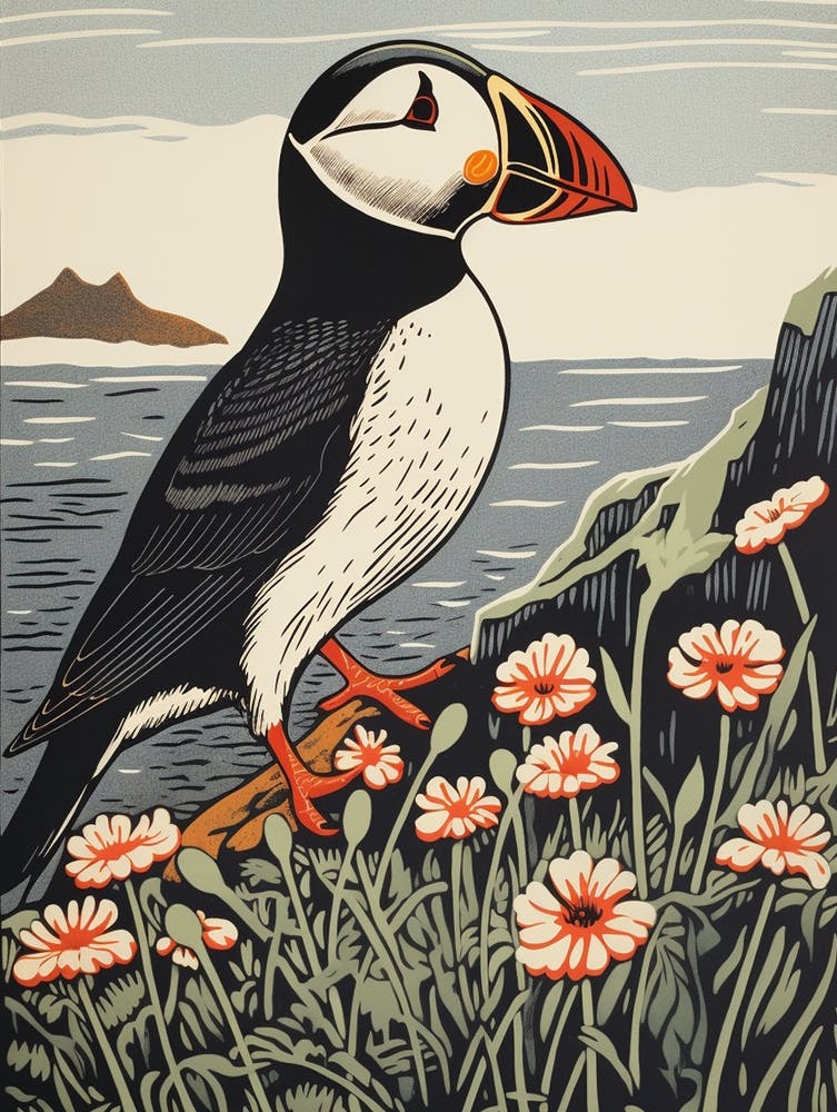 Linogravure d'oiseau vintage Macareux 2