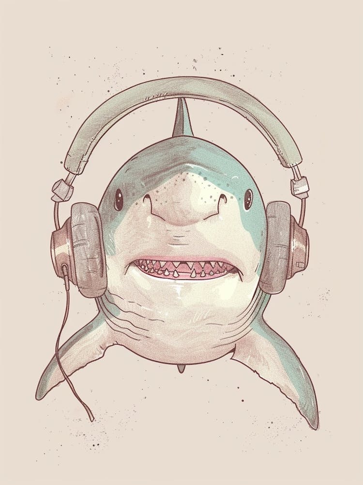 Shark Listening To Music With Headphones Subtle Pastel