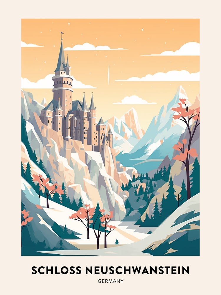 Vintage Winter Travel Poster Schloss Neuschwanstein Germany 2