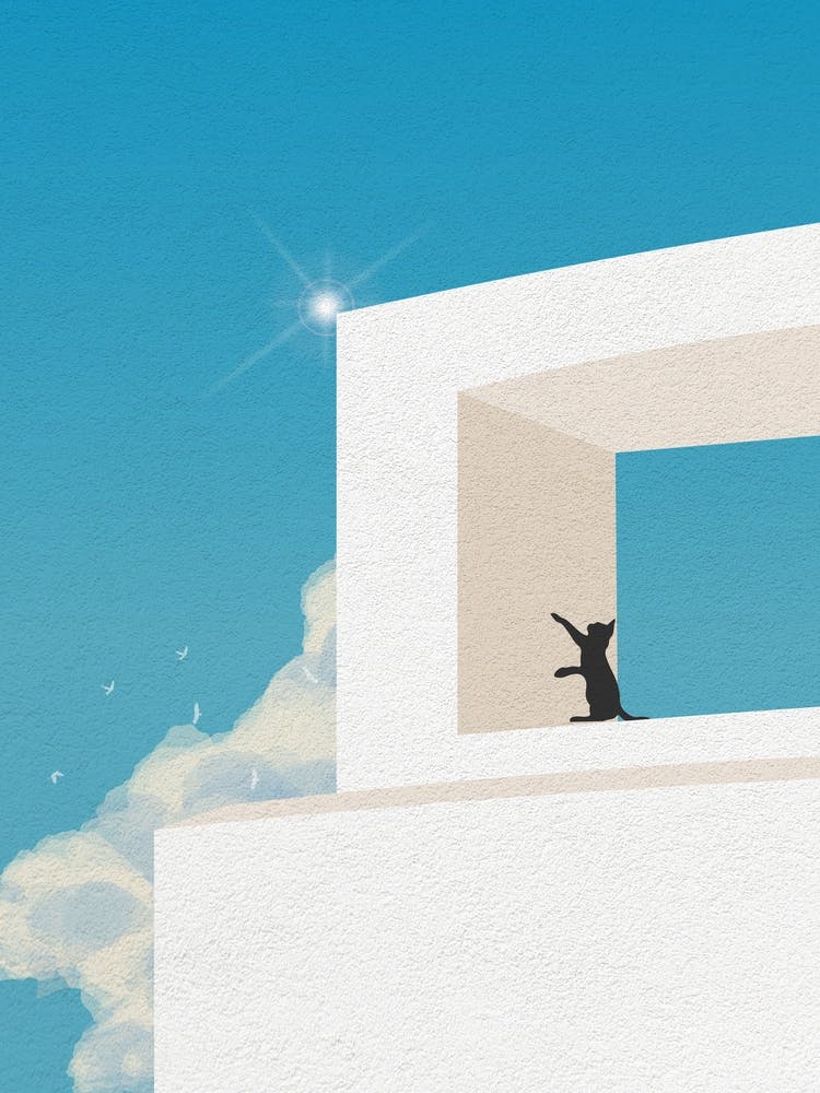 Minimal art of a cat on top of a modern architectural building
