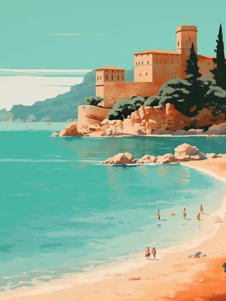 A Drawing Of Sveti Stefan Beach Montenegro Orange Tones 4