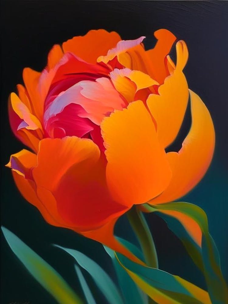 Single Stem Of Peony Orange Colourful Painting