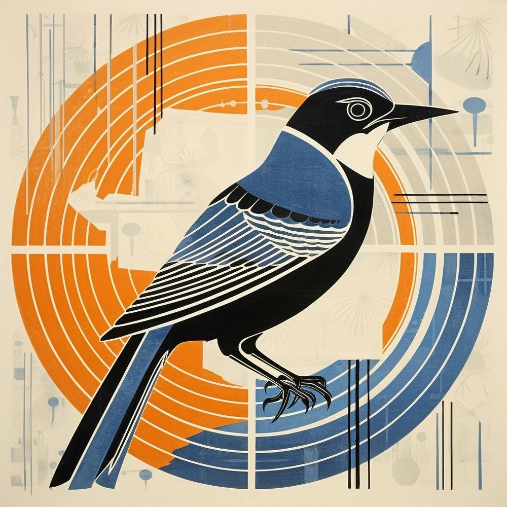 Retro Bird Lithograph Blue Jay 1
