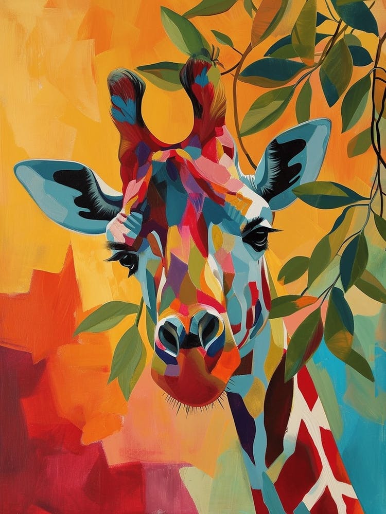 Colourful Giraffe In The Leaves Oil Painting Inspired 4