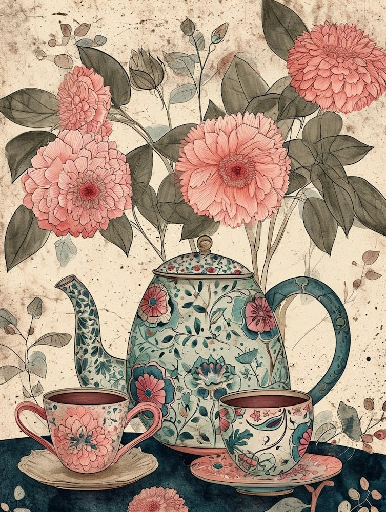Watercolour Floral Teapot & Cups 2