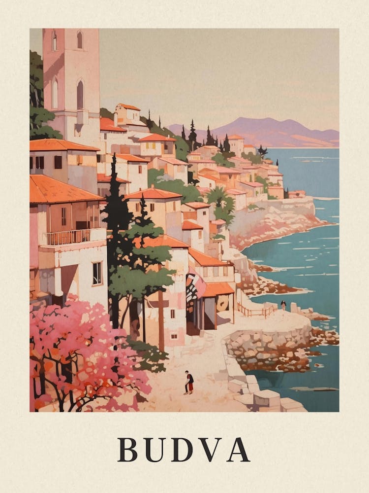 Budva Montenegro 2 Vintage Pink Travel Illustration Poster