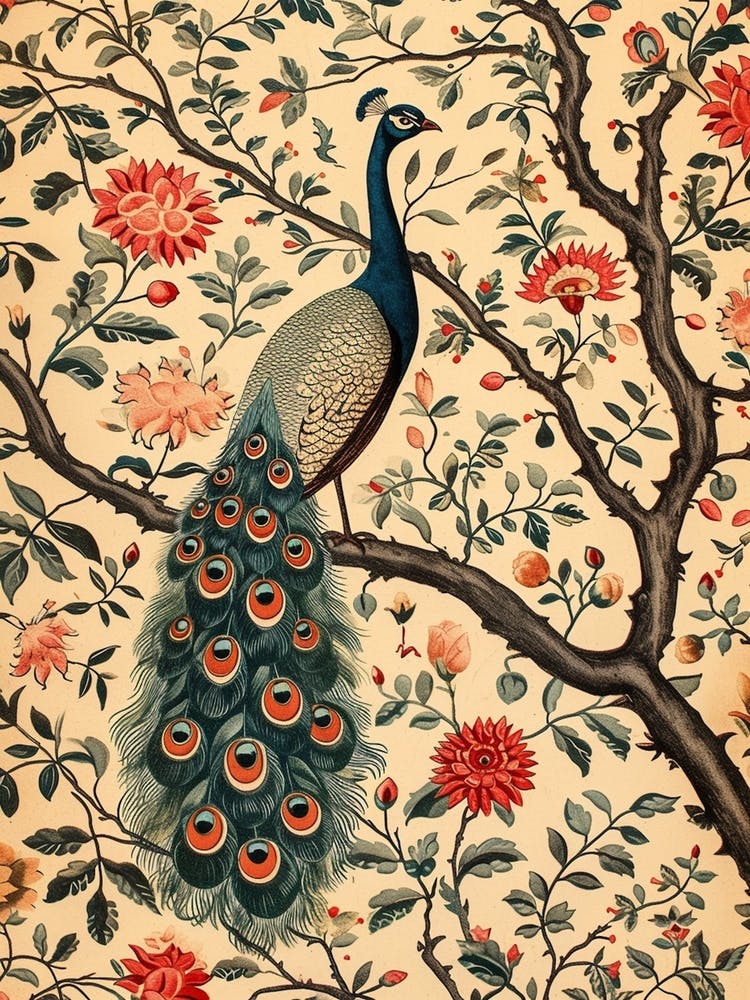 Cream Vintage Floral Peacock Wallpaper 1