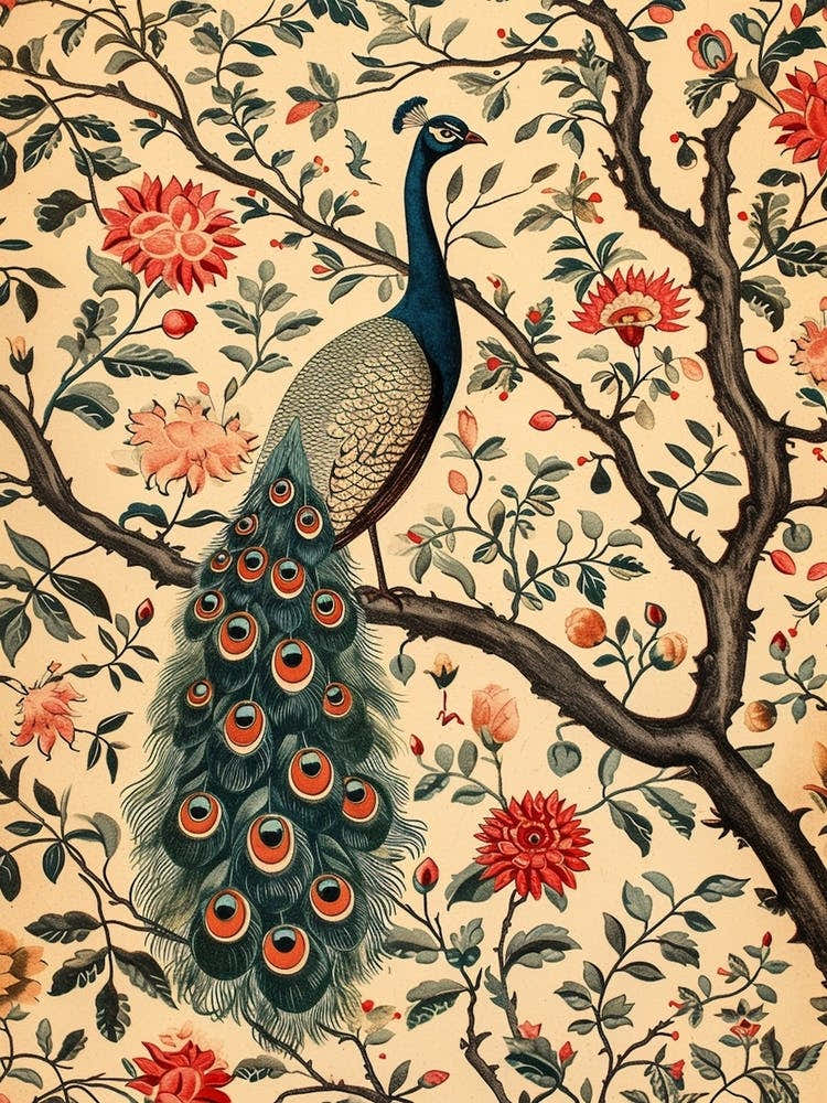Cream Vintage Floral Peacock Wallpaper 1
