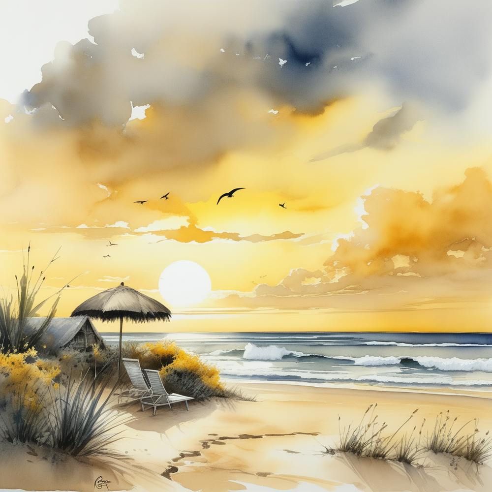 Yellow Sky and beach art attou Watercolor