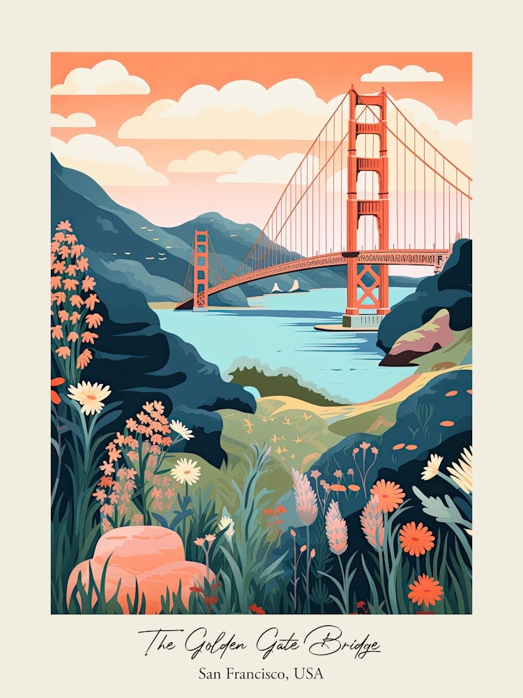 The Golden Gate Bridge San Francisco, Usa Süße botanische Illustration Reise 1 Poster