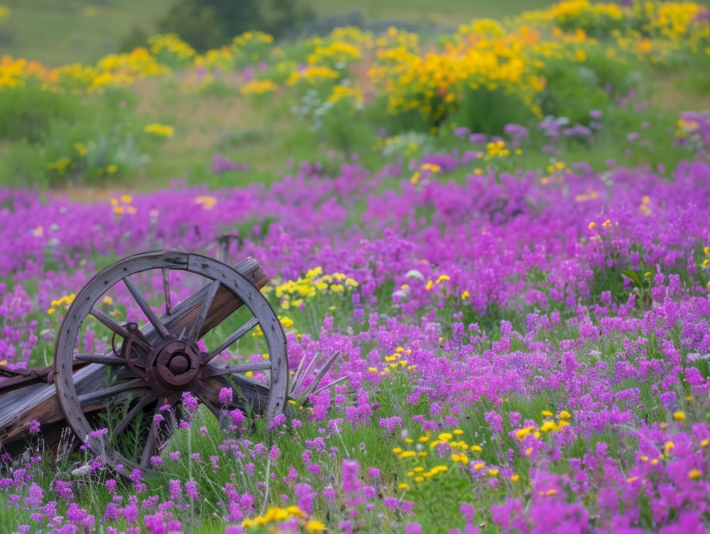 Alter Wagen in einem Feld voller Wildblumen