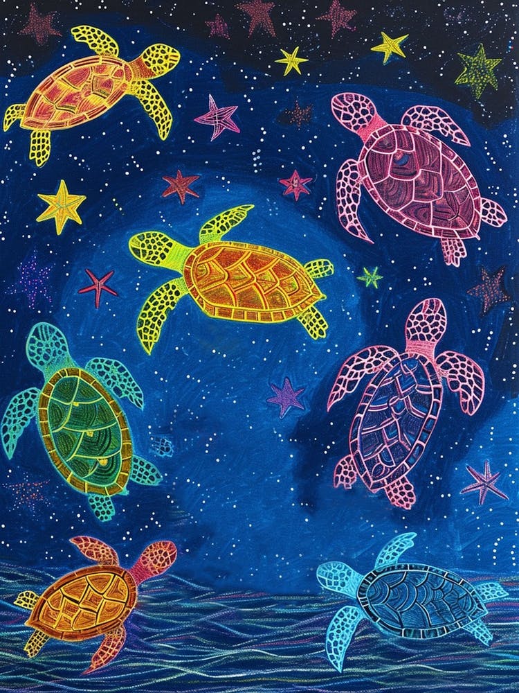 Tortues de mer dans les étoiles - Dessin au Crayon
