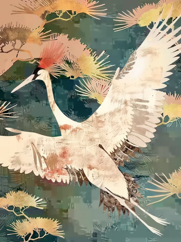 White Cranes Painting Gold Blue Effect Collage 4