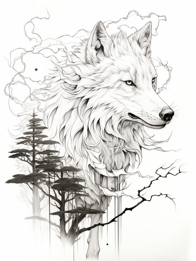 Japanese Wolf Line Drawing 1