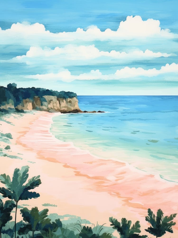 Beach Painting Landscape. Gouache Vintage Travel