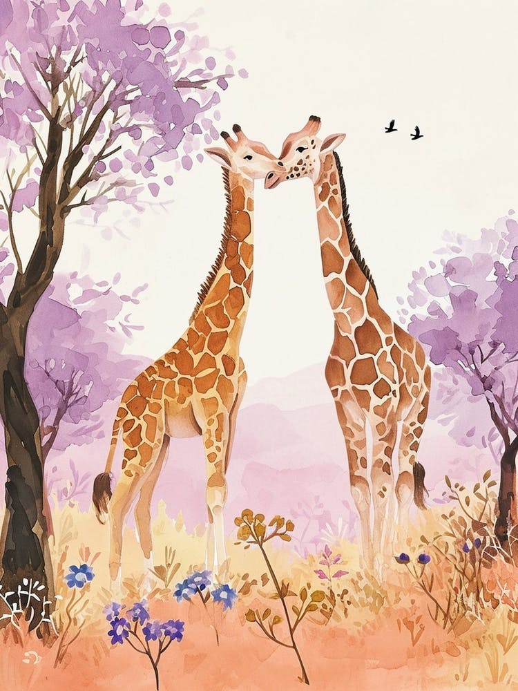 Pair Of Giraffes Lilac Warercolour Portrait