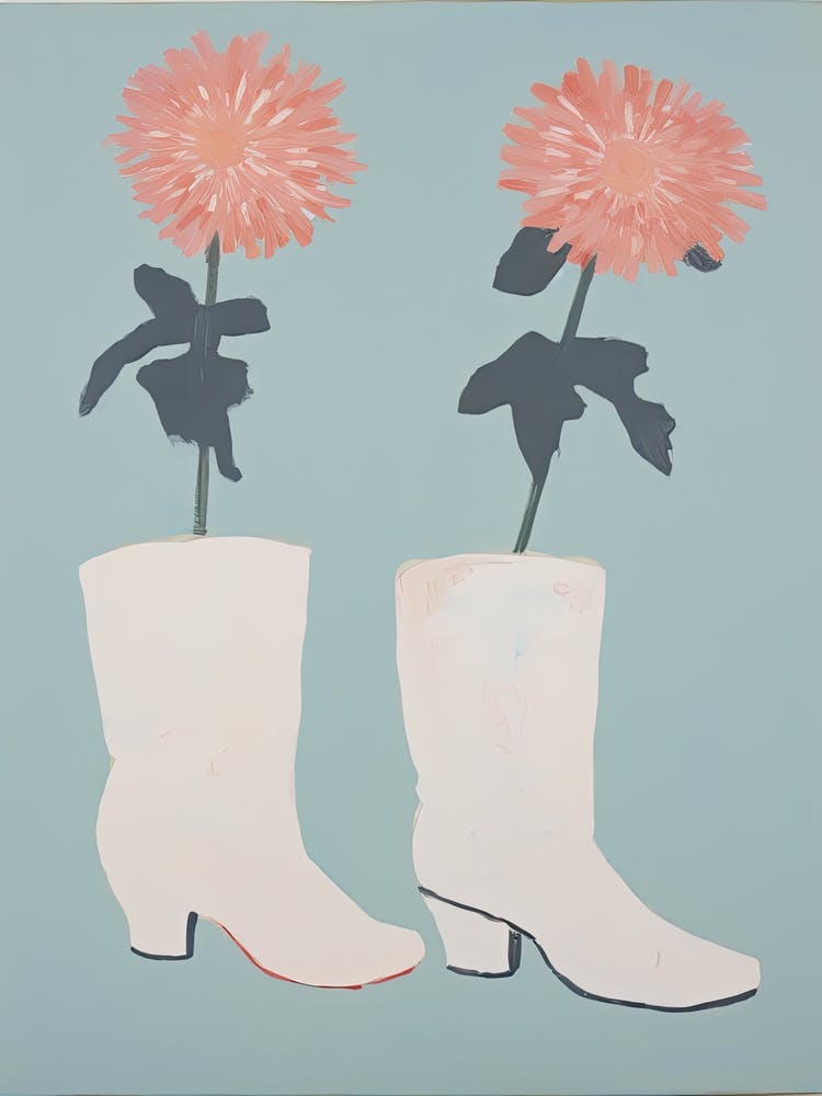 Painting Of Cowboy Boots With Pink Flowers, Pop Art Style