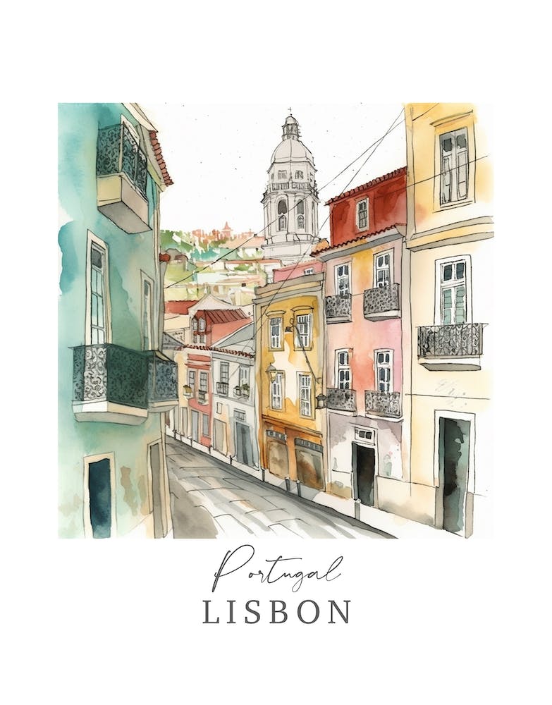 Portugal Lisbon Storybook 4 Travel Poster Watercolour