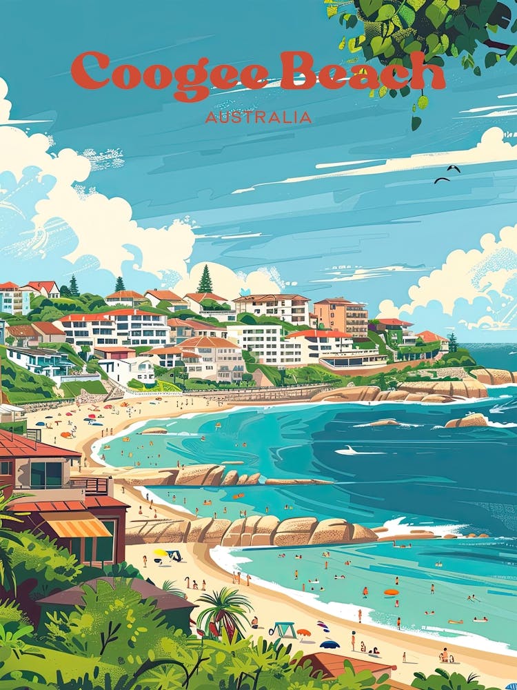 Coogee Beach Australia Vintage Art Illustration