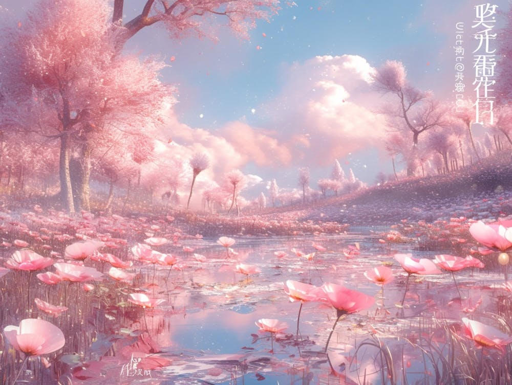 Sea Of Peach Blossoms, Lush Pink Flowers，With A Pink Lake,, In The Style Of Daz3d, Psychedelic Landscapes, Light Pink, 32k Uhd, Wimmelbilder, Fictional Landscapes, Fairytale Inspired