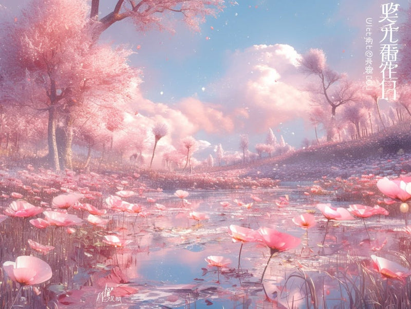 Sea Of Peach Blossoms, Lush Pink Flowers，With A Pink Lake,, In The Style Of Daz3d, Psychedelic Landscapes, Light Pink, 32k Uhd, Wimmelbilder, Fictional Landscapes, Fairytale Inspired