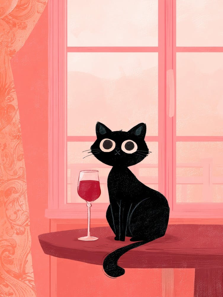 Schwarze Katze mit einem Glas Wein