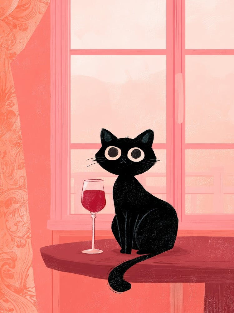 Black Cat With A Glass Of Wine