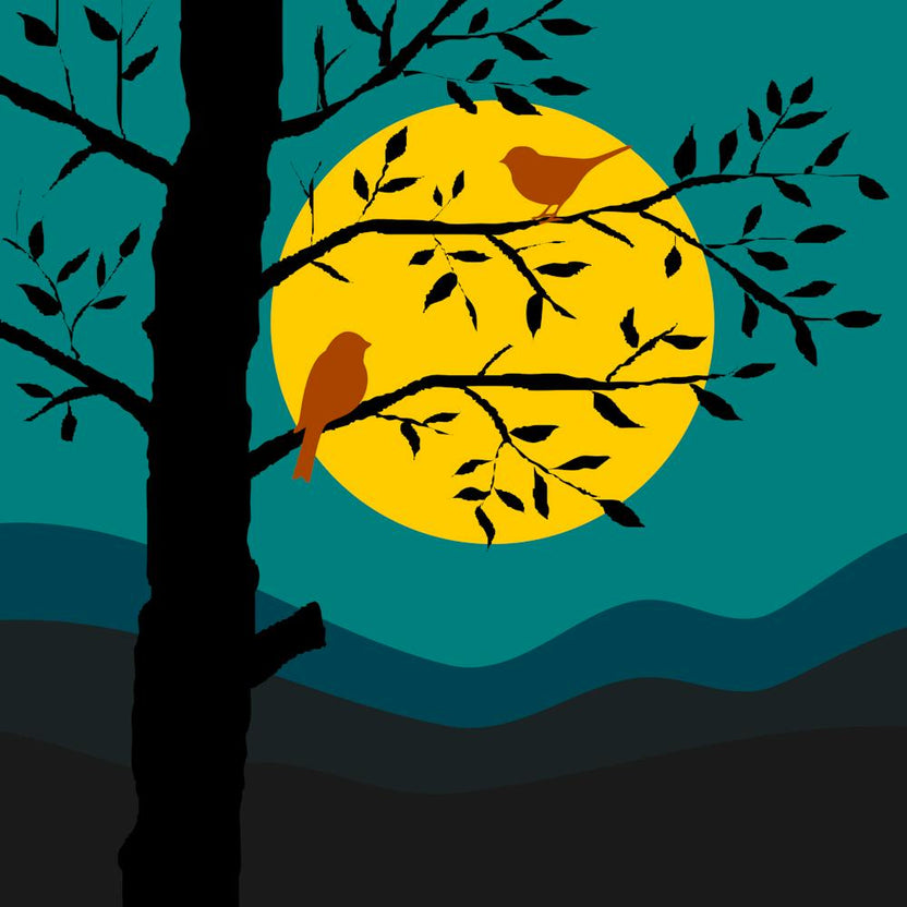 Birds Little Birds Animals Silhouettes Tree Branches Landscape Sky Moon Night Darkness Nature Stylized Cards Background Minimalist Free Images Night Sky Free Illustrations