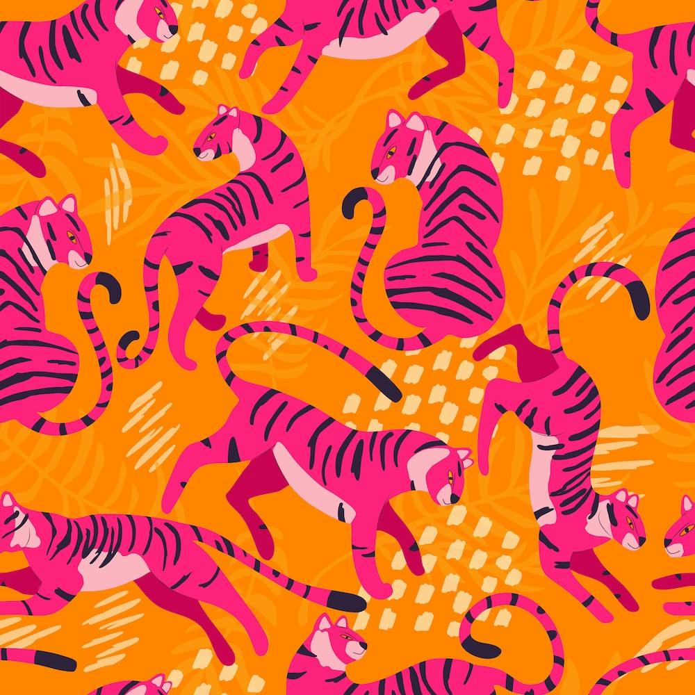 Vibrant Pink Tigers On Bright Orange Pattern Square