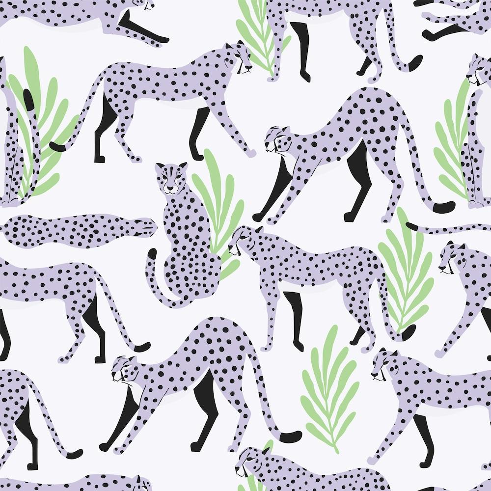 Tropical Light Purple Cheetah Pattern On White With Green Florals Square