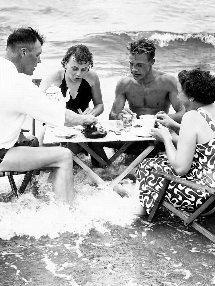Tea Party in the Surf, Funny Vintage Black and White Old Photo