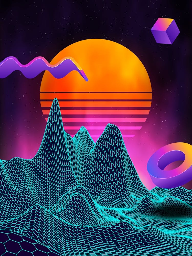 Lever de Soleil Néo-Retrowave #1 [synthwave/vaporwave/cyberpunk] — affiche néon retrowave esthétique