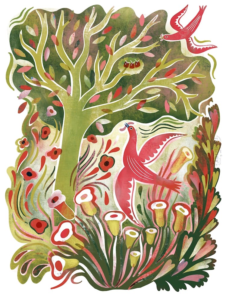 Birds Nest Spring Blooming Tree Woodcut