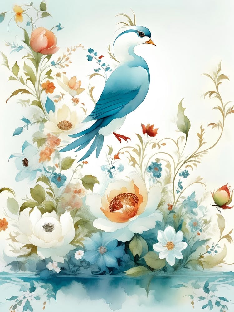 Blue Bird With Flowers