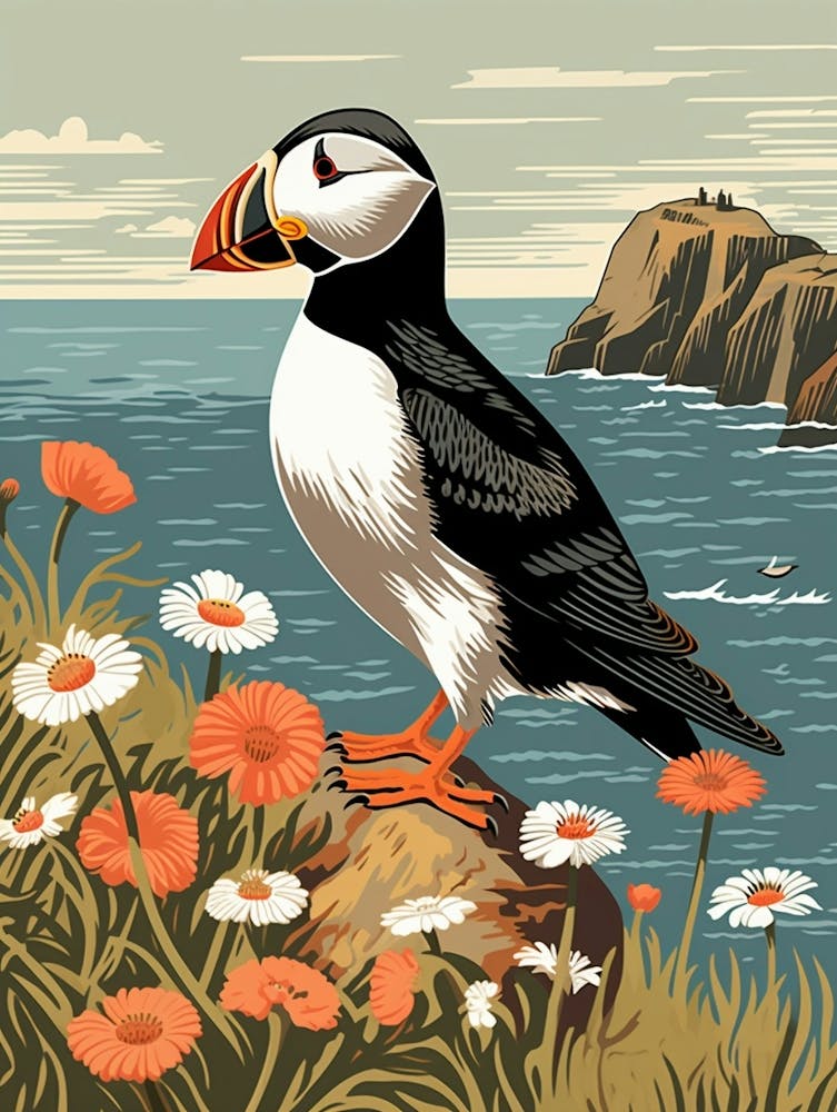 Vintage Bird Linocut Puffin 4