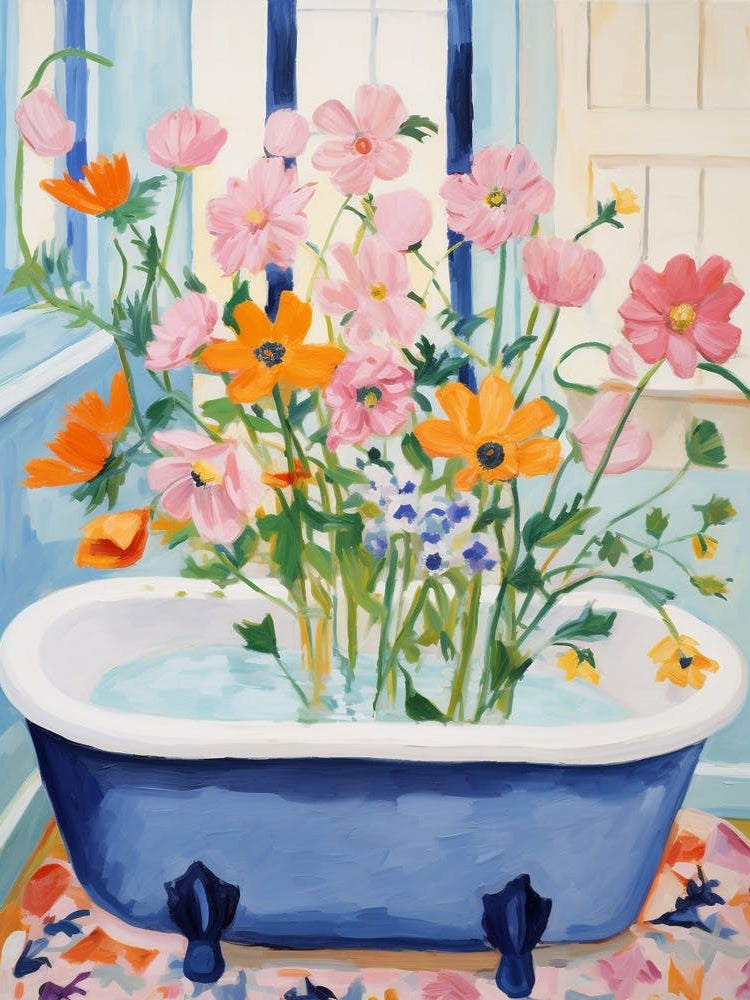 A Bathtube Full Of Cosmos In A Bathroom 1