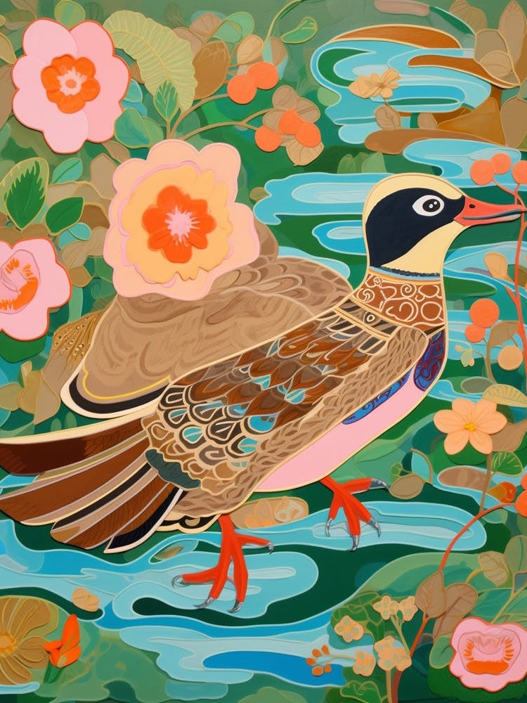 Maximalist Bird Painting Wood Duck 3