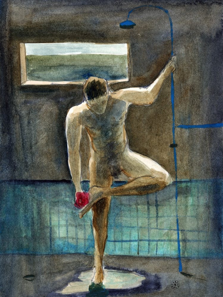 Male Nude Taking Shower - watercolor hand painted figurative man homoerotic Anton Maliar
