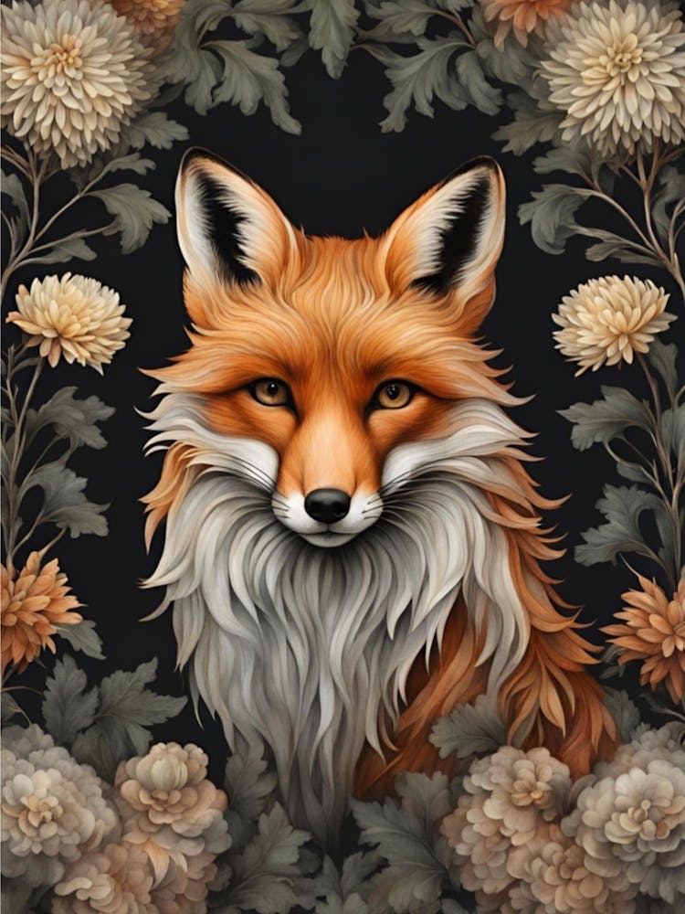 Fox With Chrysanthemums