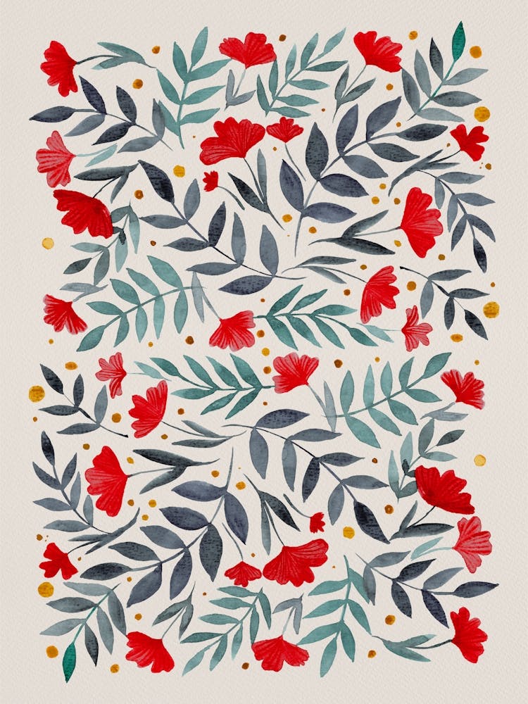 Magical Flowers And Branches Gray And Red