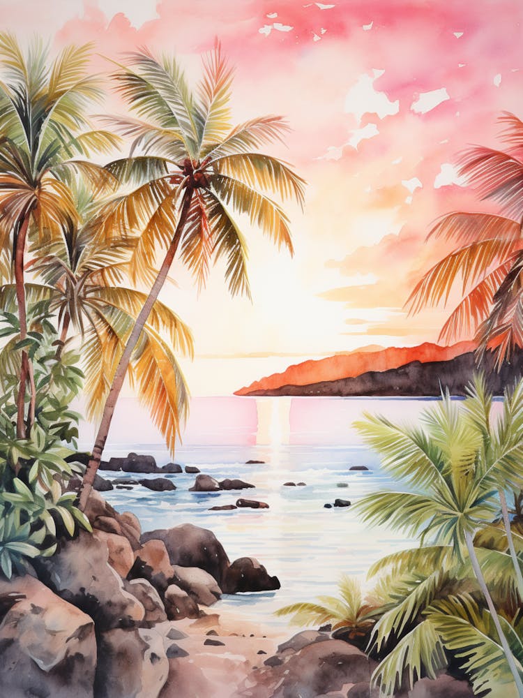 Watercolor Painting Of Anse Cocos, La Digue Seychelles 2
