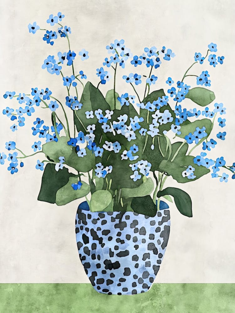 Forget Me Not Flowers Blue and Green Watercolor Still Life