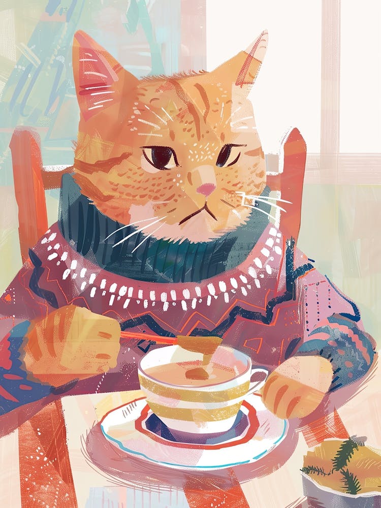 Tan Cat Having Breakfast Folk Illustration 1
