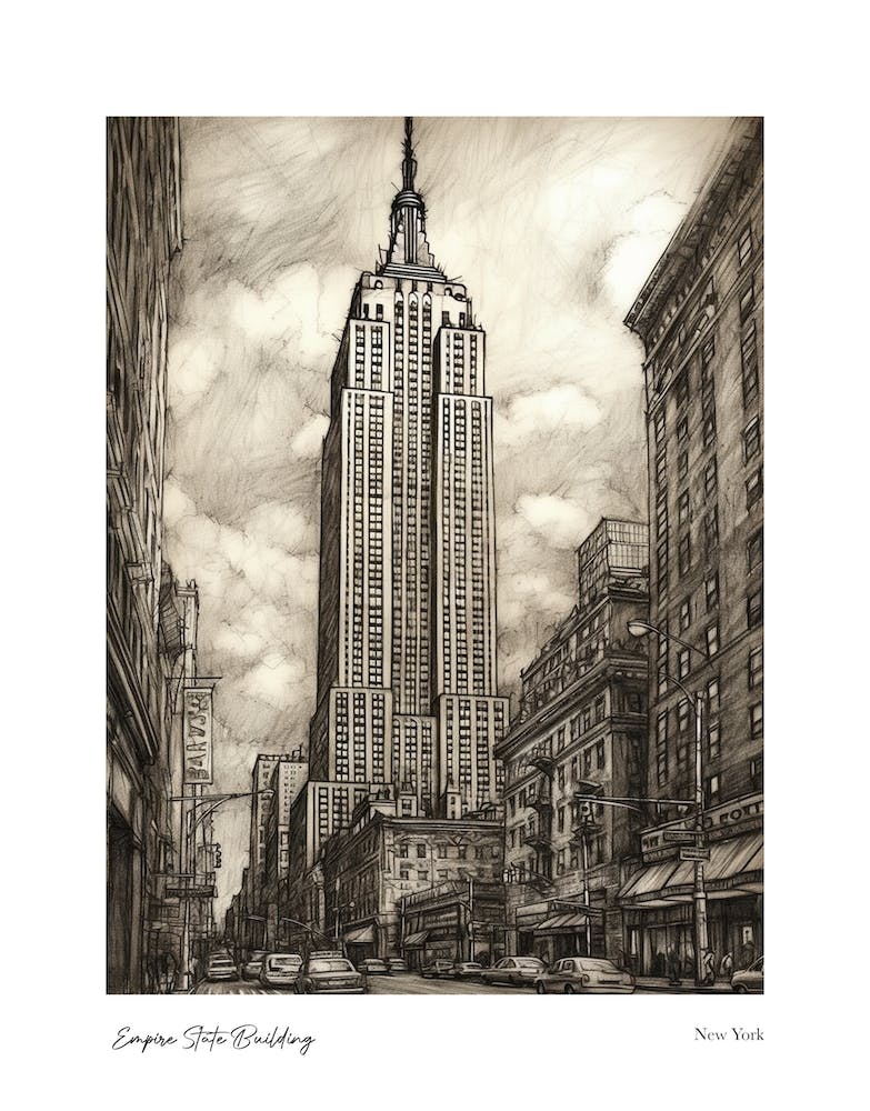 Empire State Building  New York Pencil Sketch 2 Watercolour Travel Poster