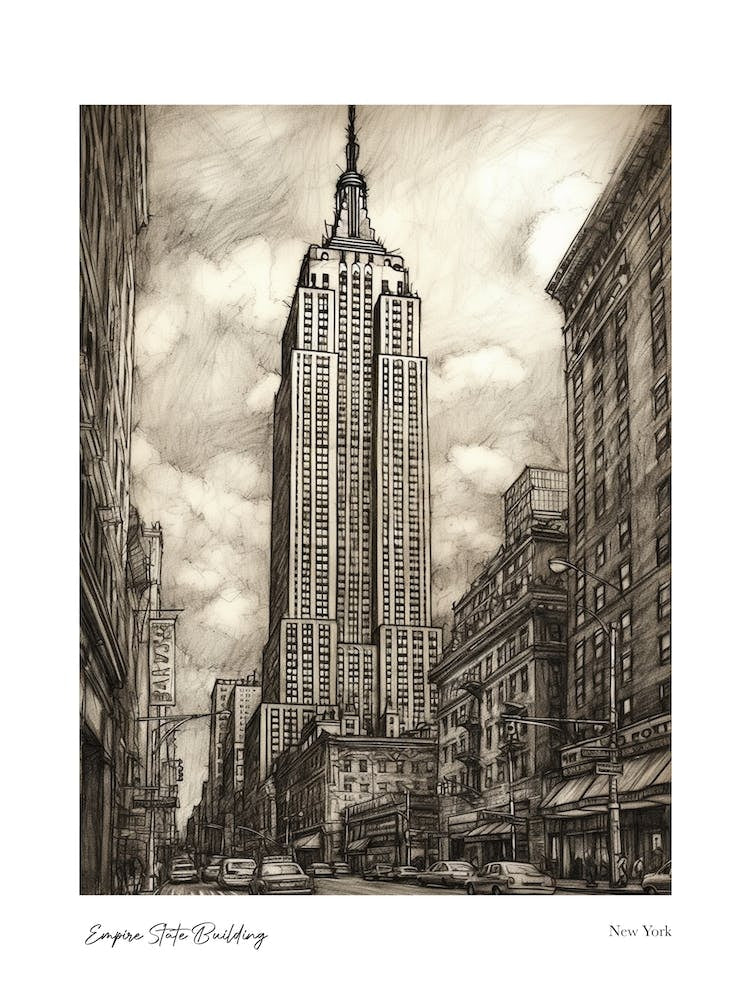 Empire State Building  New York Pencil Sketch 2 Watercolour Travel Poster