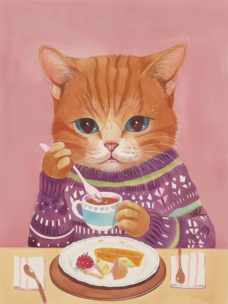 Brown Cat Having Breakfast Folk Illustration 3