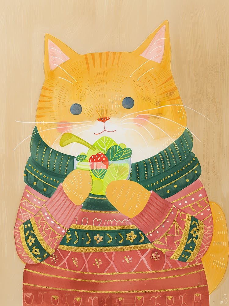 Cute Brown Cat Eating Salad Folk Illustration 3