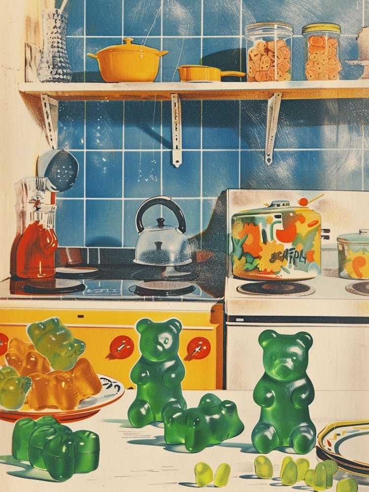 Oursons Gélifiés Verts Dans la Cuisine Rétro