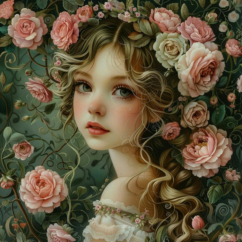 Fantasy Girl Portrait Of A Princess Fb Cover, In The Style Of Accurate And Detailed, Intricate, Delicate Flower And Garden Paintings, Kawaii Art, Realistic Oil Paintings, Golden Age Illustrations, Dark White And Dark Pink, Caricatu