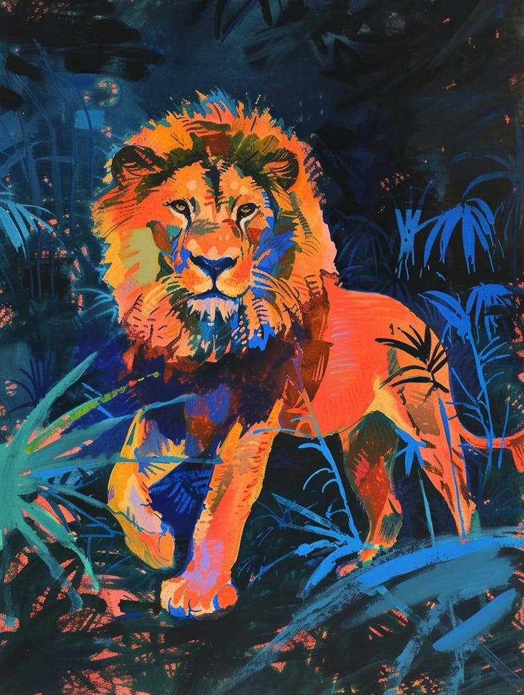 Asiatic Lion Night Hunt Fauvist Painting 4